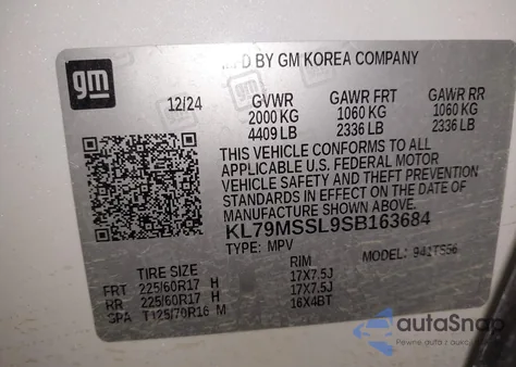 2025 Chevrolet Trailblazer Awd Activ z USA, uszkodzony, nr VIN KL79MSSL9SB163684